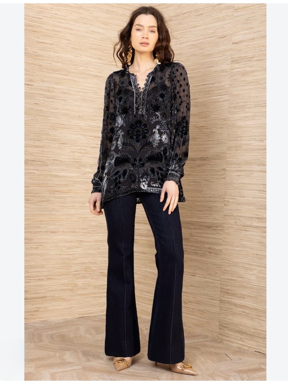 Tory Burch Black Burnout Velvet Lace-Up Long Sleeve Dress